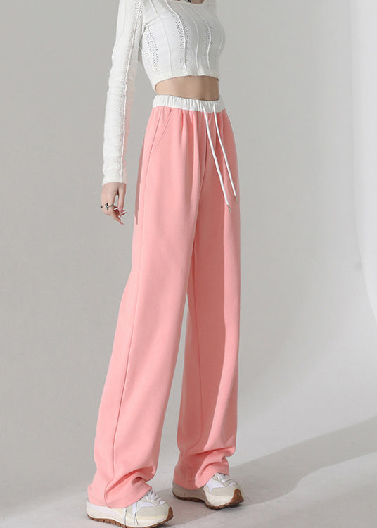 Casual Pink Pockets Elastic Waist Cotton Straight Pants Spring