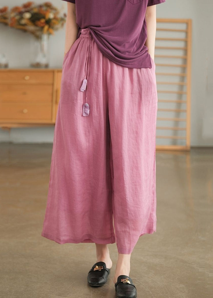 Casual Pink Pockets Lace Up Elastic Waist Linen Wide Leg Pants Summer