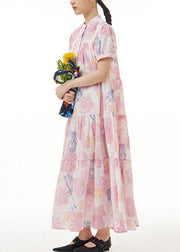 Casual Pink Stand Collar Patchwork Maxi Dress Summer Short Sleeve