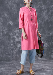 Casual Pink V Neck Button Cotton Shirt Dresses Bracelet Sleeve