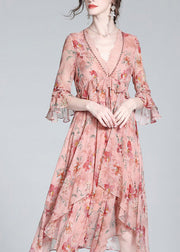 Casual Pink V Neck Print Tie Waist Silk Long Dresses Spring