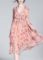 Casual Pink V Neck Print Tie Waist Silk Long Dresses Spring