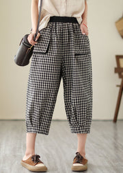 Casual Plaid Pockets Elastic Waist Patchwork Cotton Crop Pants Summer