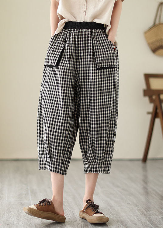 Casual Plaid Pockets Elastic Waist Patchwork Cotton Crop Pants Summer