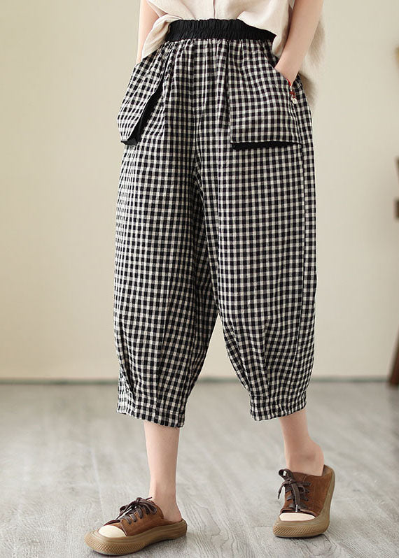 Casual Plaid Pockets Elastic Waist Patchwork Cotton Crop Pants Summer