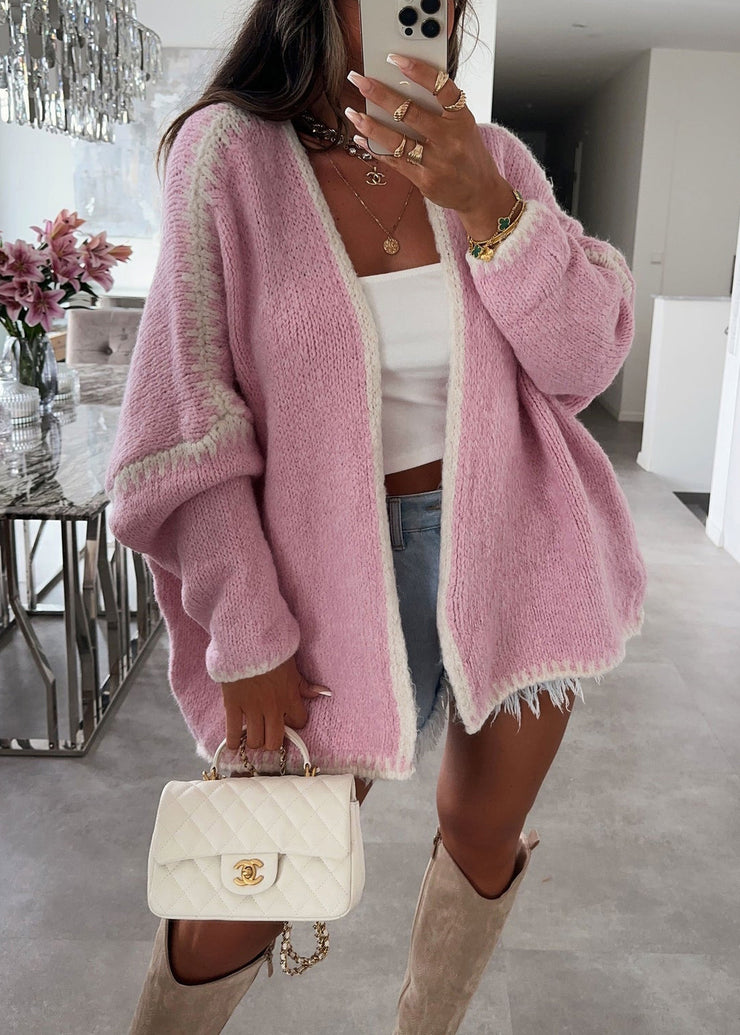 Casual Plus Size Pink V Neck Knit Loose Cardigans Fall