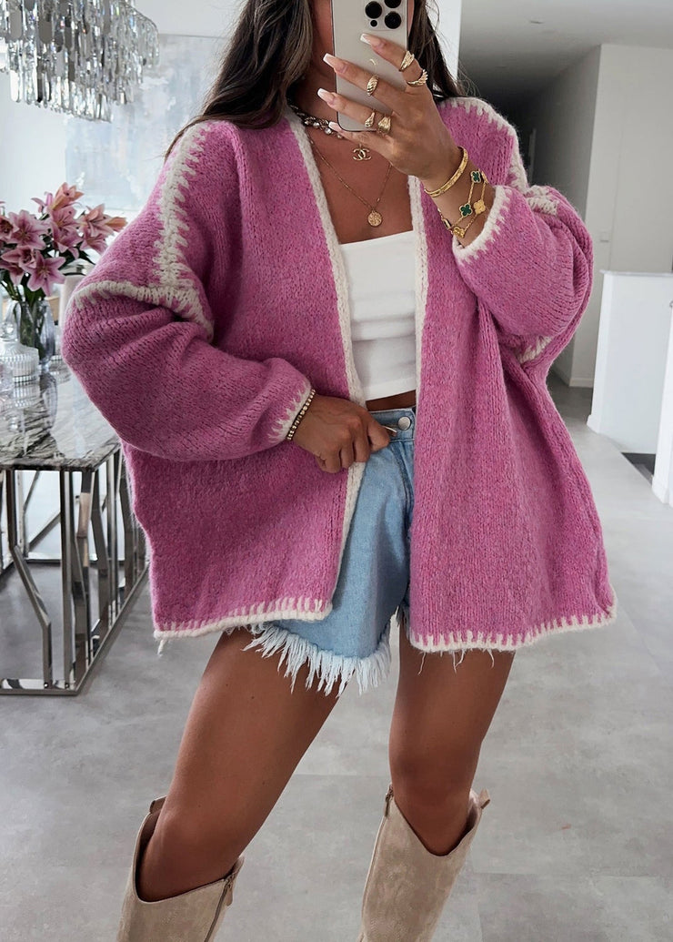 Casual Plus Size Pink V Neck Knit Loose Cardigans Fall