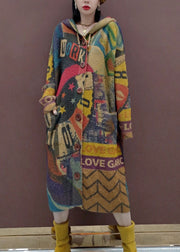 Casual Print Button Maxi Knitted Cotton Thread Hooded Sweater Coat Fall