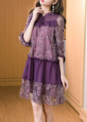 Casual Purple Embroidered Patchwork Chiffon Mini Dress Summer