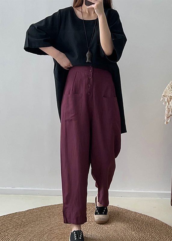 Casual Purple High Waist Button Down Cotton Pants Trousers Fall