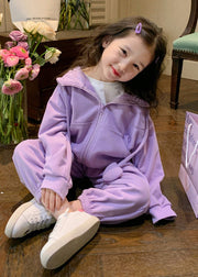 Casual Purple Hooded Top And Pants Cotton Baby Girls Two Pieces Set Fall