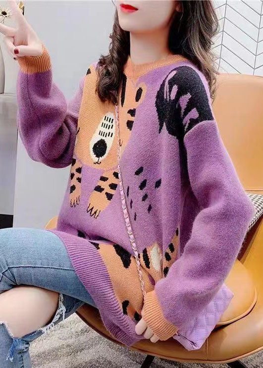 Casual Purple O-Neck Cartoon Print Thick Knit Sweater Tops Winter