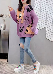 Casual Purple O-Neck Cartoon Print Thick Knit Sweater Tops Winter