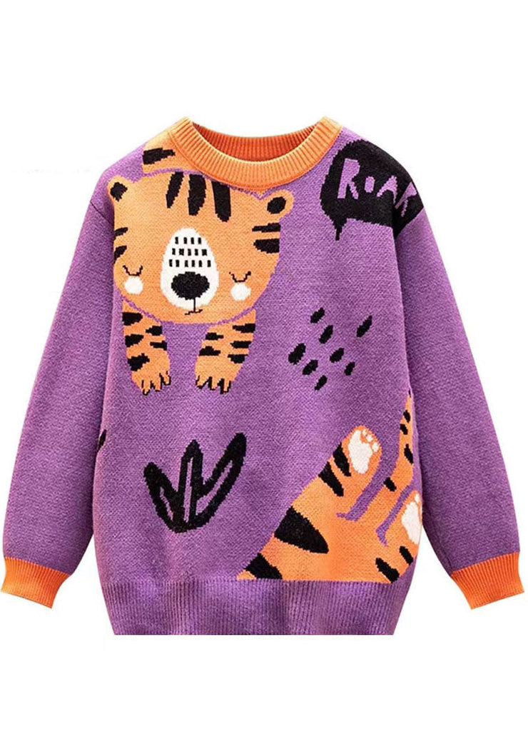 Casual Purple O-Neck Cartoon Print Thick Knit Sweater Tops Winter