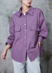 Casual Purple Oversized Pockets Cotton Blouses Spring