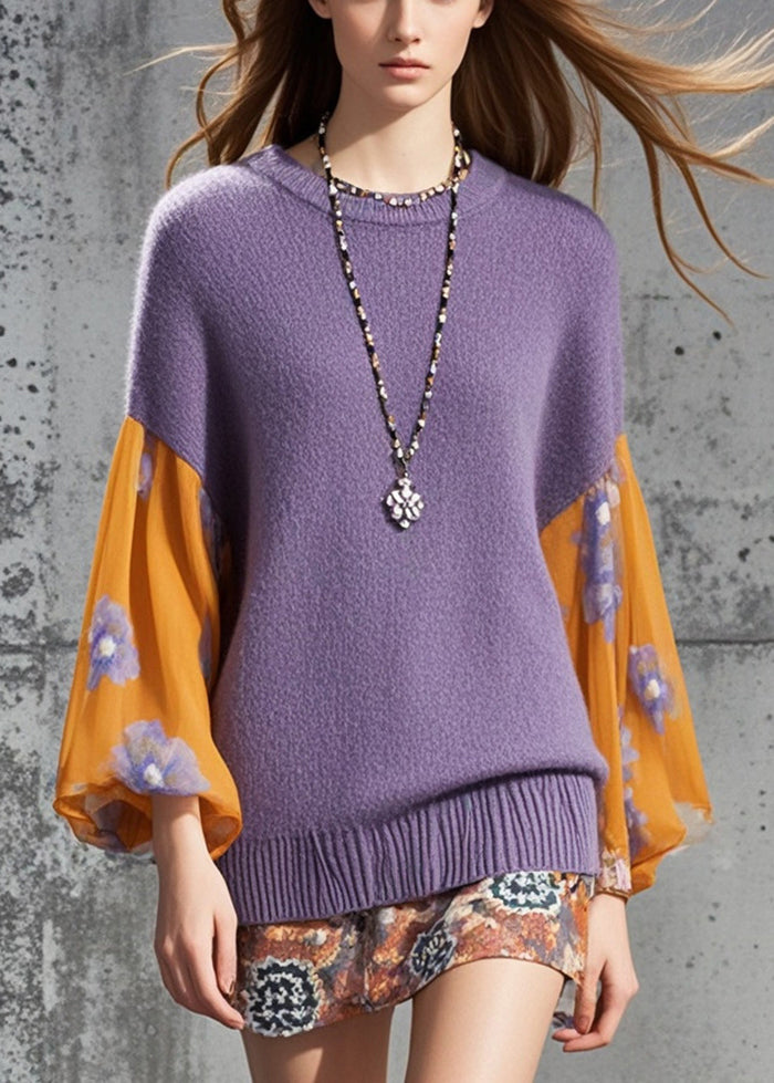 Casual Purple Patchwork Flower Knitted Tops Fall