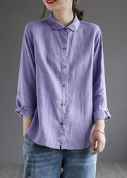 Casual Purple Peter Pan Collar Button Shirt Long Sleeve