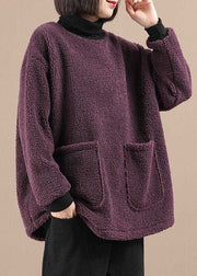 Casual Purple Pockets Patchwork Faux Fur Fleece Sweatshirt Long Sleeve