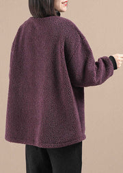 Casual Purple Pockets Patchwork Faux Fur Fleece Sweatshirt Long Sleeve