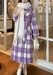 Casual Purple Pockets Plaid Patchwork Long Woolen Coats Winter