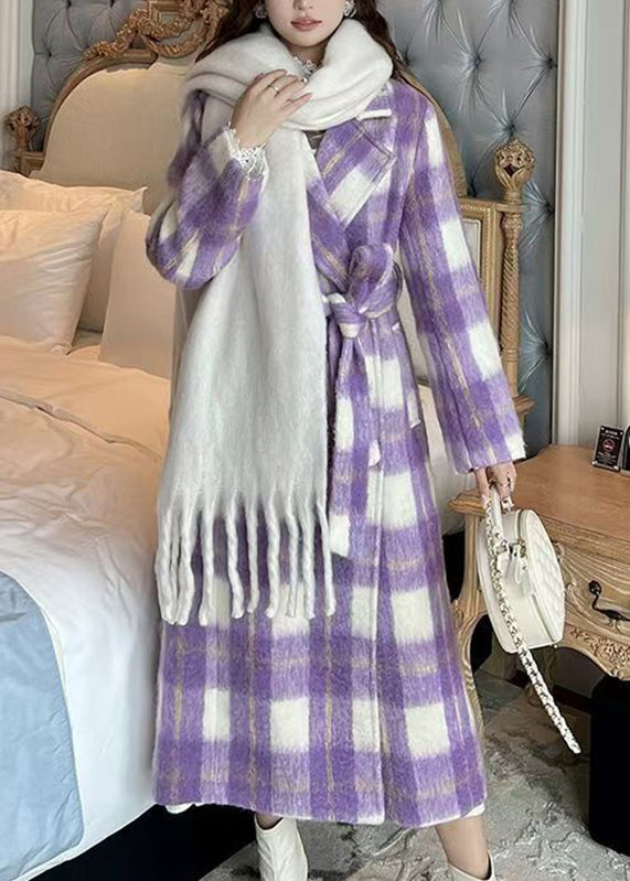 Casual Purple Pockets Plaid Patchwork Long Woolen Coats Winter