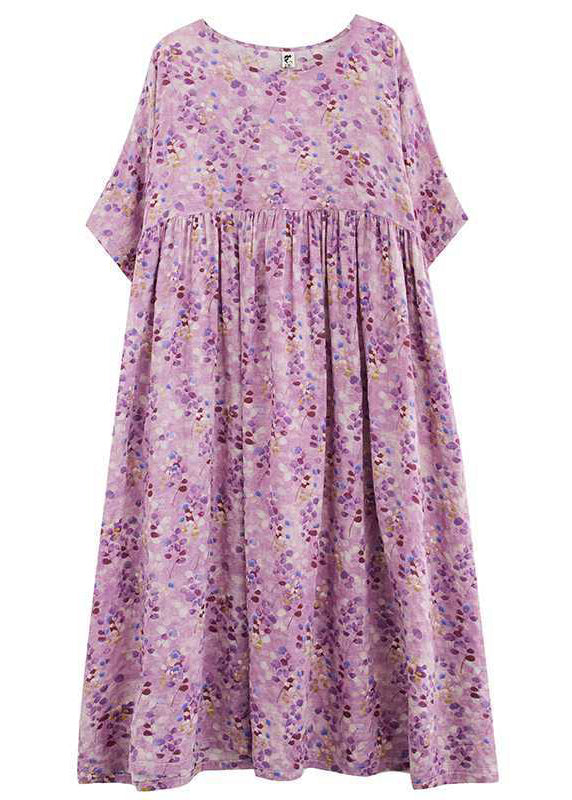 Casual Purple Print Patchwork Ankle Dress Half Sleeve