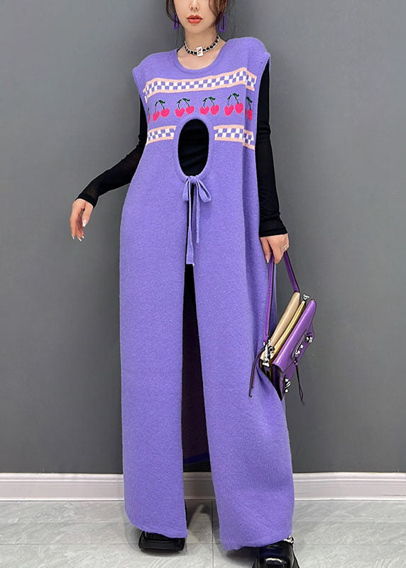 Casual Purple Print Side Open Cashmere Knit Long Dresses Sleeveless