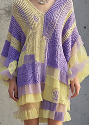 Casual Purple Ruffled Patchwork Knit Sweater Dress Fall