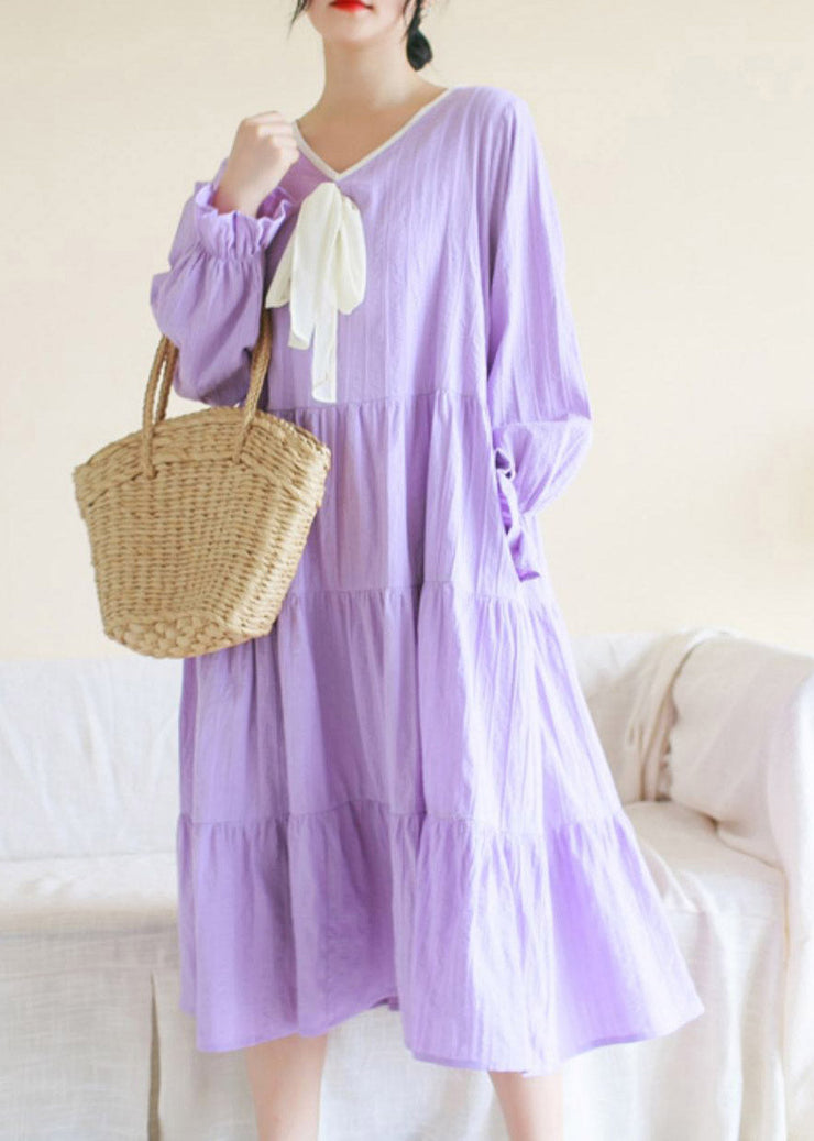 Casual Purple V Neck Patchwork Cotton Maxi Dress Long Sleeve