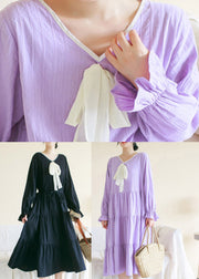 Casual Purple V Neck Patchwork Cotton Maxi Dress Long Sleeve