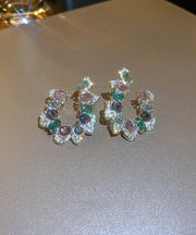 Casual Rainbow Copper Zircon Crystal Asymmetric U Shaped Hoop Earrings