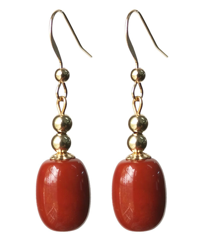 Casual Red 14K Gold Agate Bucket Beads Drop Earrings