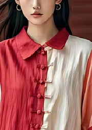 Casual Red Asymmetrical Patchwork Chinese Button Linen Shirt Top Summer