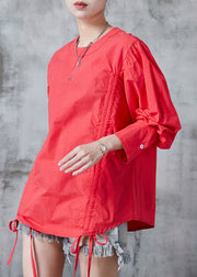 Casual Red Cinched Cotton Sweatshirts Top Summer