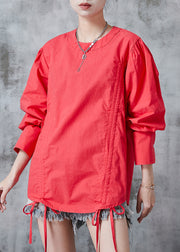 Casual Red Cinched Cotton Sweatshirts Top Summer