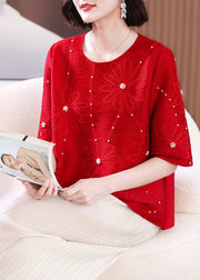 Casual Red Embroidered Nail Bead T Shirts Summer