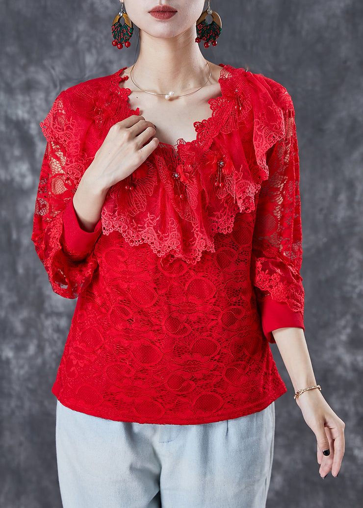 Casual Red Hollow Out Nail Bead Lace Shirt Top Summer