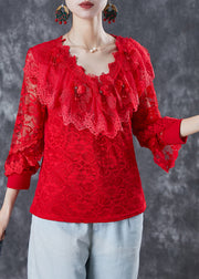 Casual Red Hollow Out Nail Bead Lace Shirt Top Summer