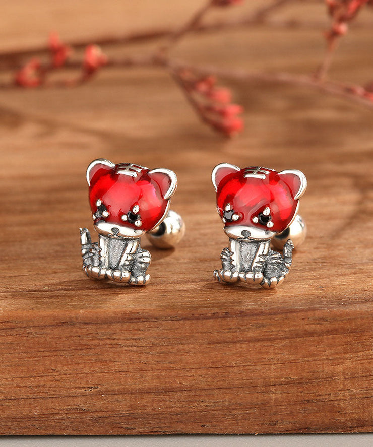 Casual Red Little Tiger Shape Silver Stud Earrings