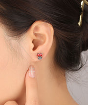 Casual Red Little Tiger Shape Silver Stud Earrings