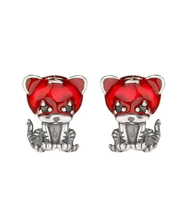 Casual Red Little Tiger Shape Silver Stud Earrings