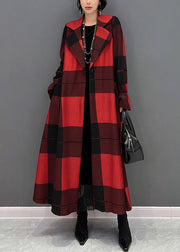 Casual Red Notched Plaid Tie Waist Long Coats Fall