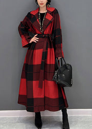 Casual Red Notched Plaid Tie Waist Long Coats Fall