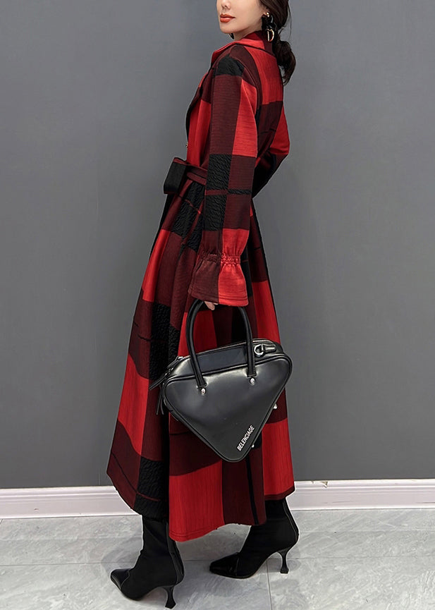 Casual Red Notched Plaid Tie Waist Long Coats Fall