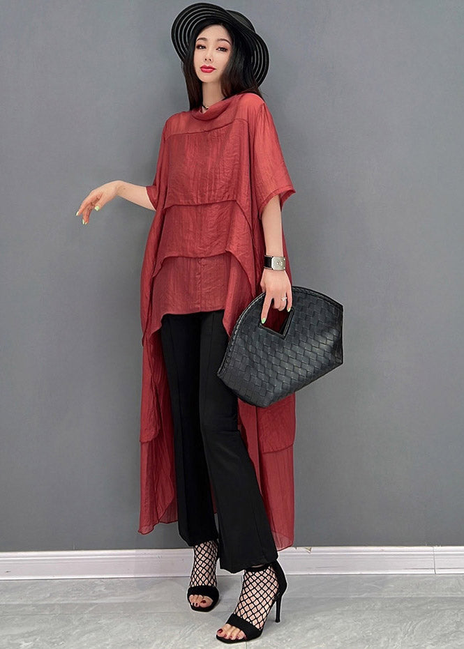 Casual Red O-Neck Asymmetrical Patchwork Dresses Short Sleeve