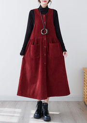 Casual Red O-Neck Patchwork Pockets Corduroy Maxi Dress Winter