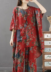 Casual Red O-Neck Print Low High Design Pockets Linen Tops Long Sleeve