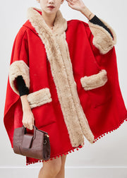 Casual Red Oversized Patchwork Fuzzy Ball Decorated Woolen Coats Winter