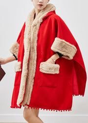 Casual Red Oversized Patchwork Fuzzy Ball Decorated Woolen Coats Winter