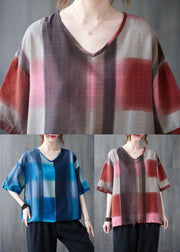 Casual Red Oversized Plaid Linen Tanks Summer